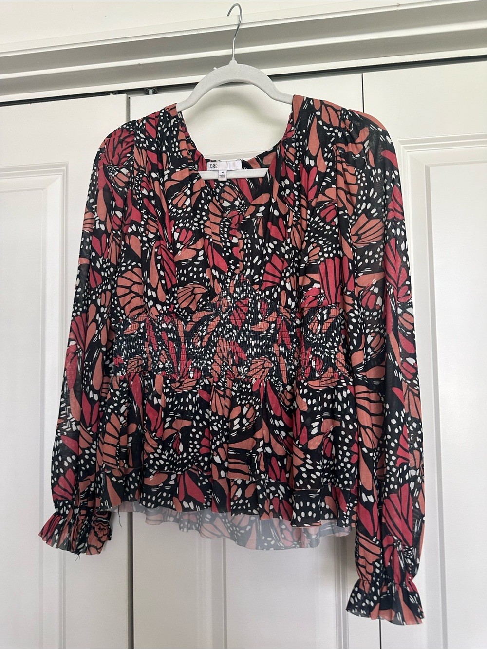 DR2 Black Blouse with Coral and Pink Butterfly Motif